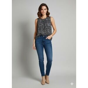 LOFT Outlet Women's Sleeveless Blouse XS Navy White Tan‎ Dot Print
